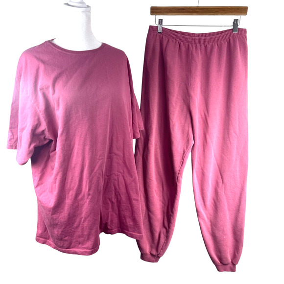VTG 90's Hanes Pink Track Pants Joggers (M) & T-Shirt Set (XL) Women Outfit Y2K - Picture 1 of 7